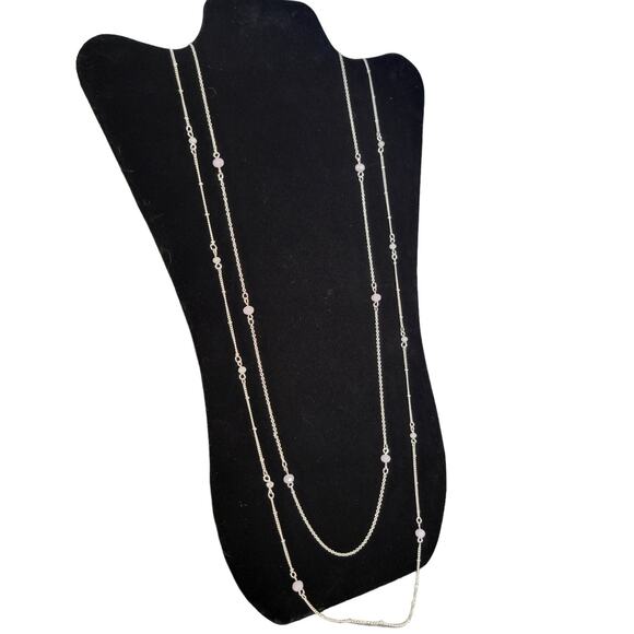 Lauren Conrad Silver Tone Pink & Cream Beaded Layered Necklace 32" +3" Extender - Picture 12 of 12